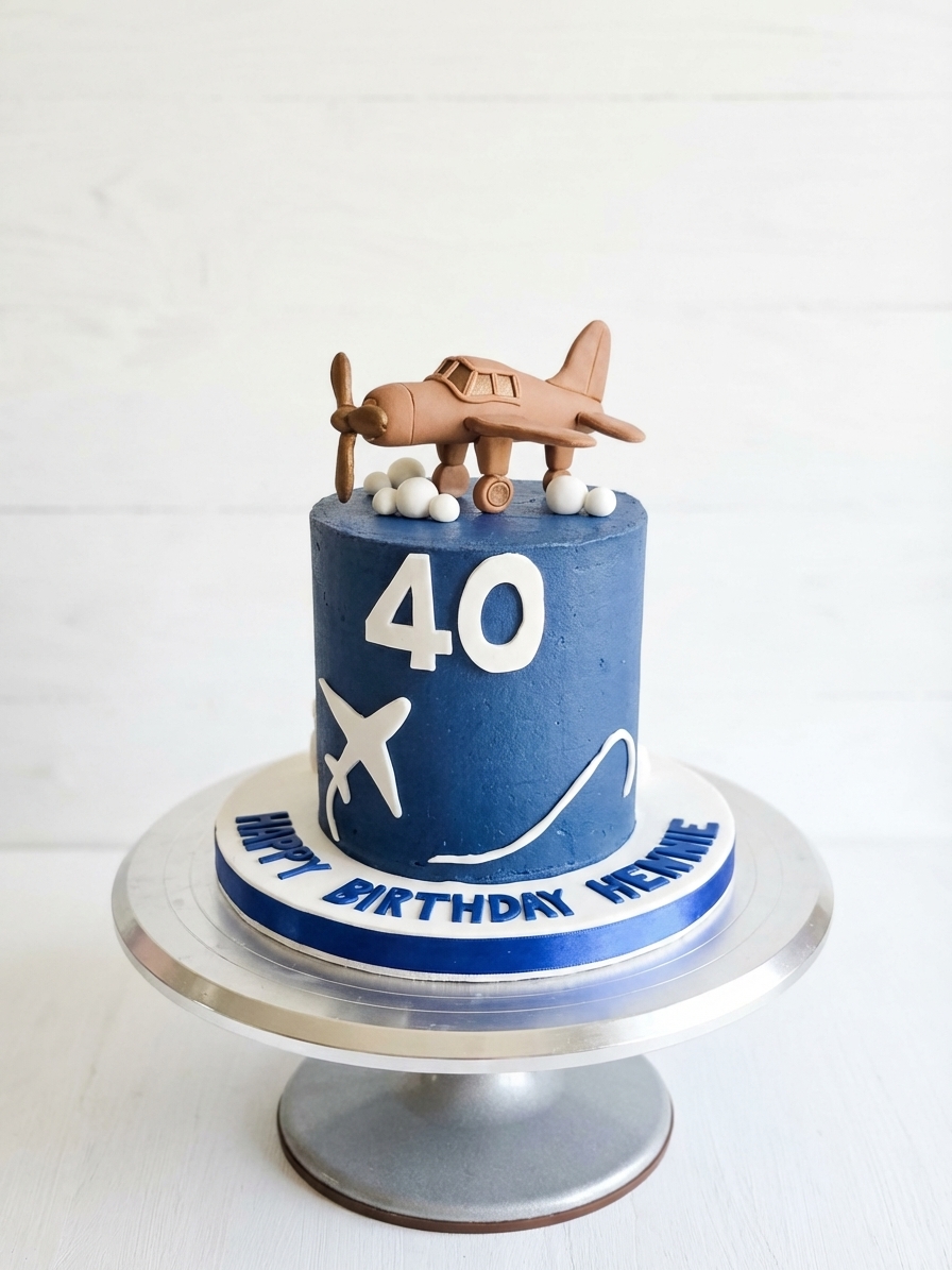 Navy blue 40th birthday cake for Hennie with fondant airplane model on top and hand-painted aviation details
