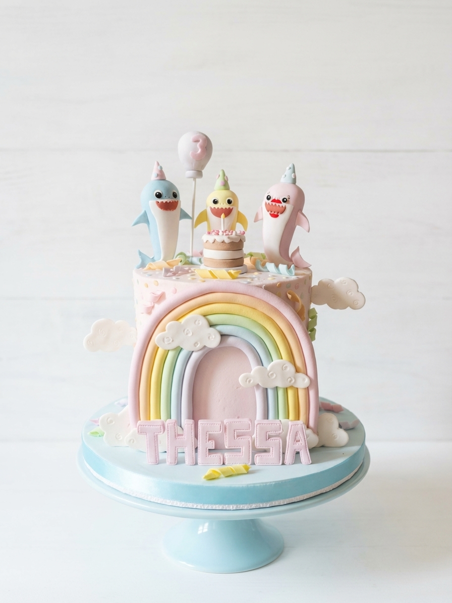 Baby Shark birthday cake for Thessa with fondant shark family on top, rainbow arch and 3rd birthday balloon
