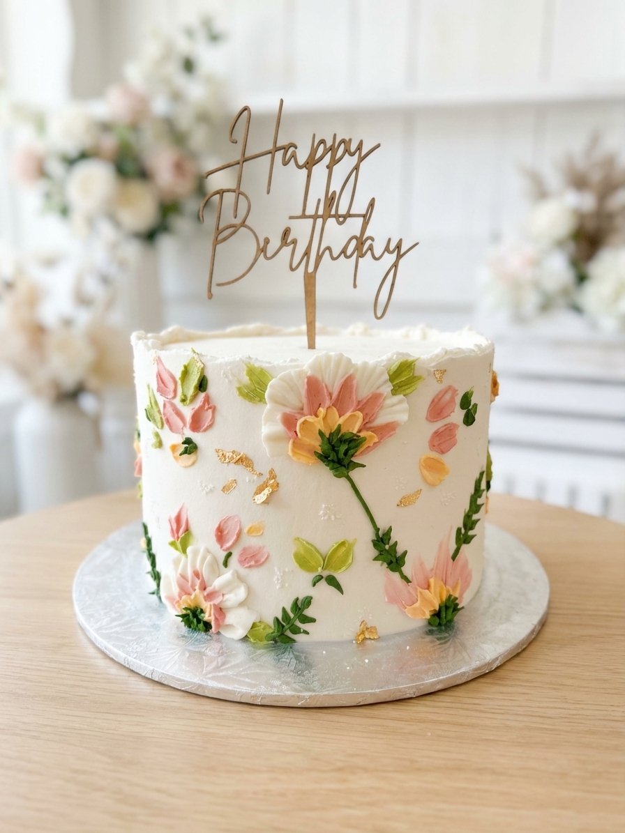 Elegant white birthday cake with hand-painted flowers and gold Happy Birthday topper