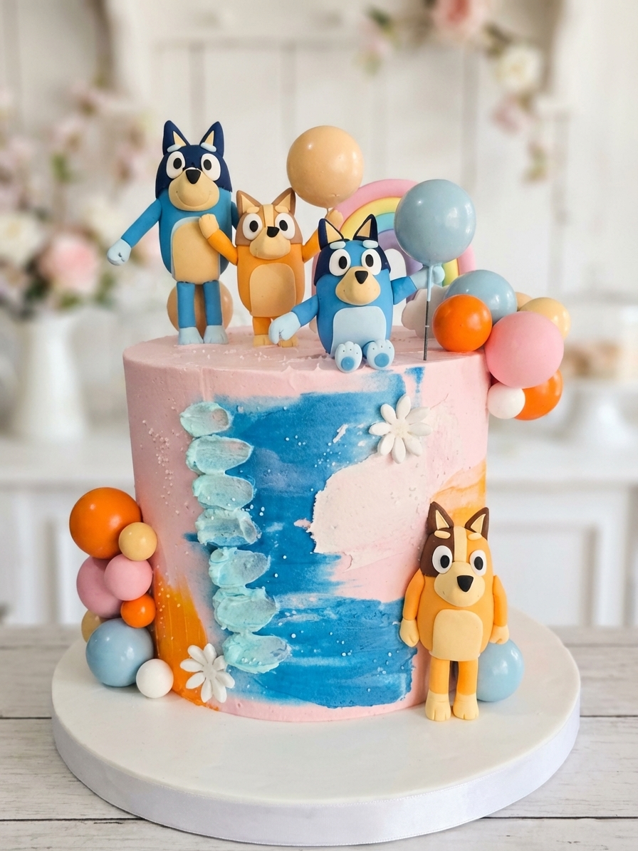Bluey family birthday cake with fondant characters and rainbow balloons
