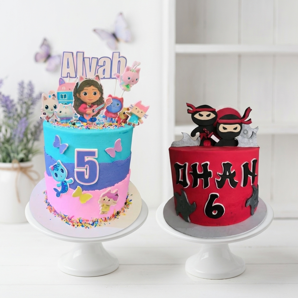 Two kids birthday cakes side by side: Gabby's Dollhouse and a Ninja themed cake for siblings