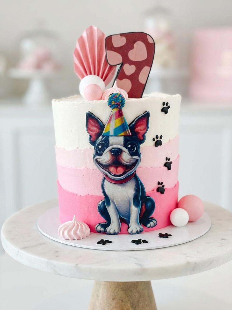 Pink ombre French Bulldog birthday cake with paw prints and party hat — number 7 topper