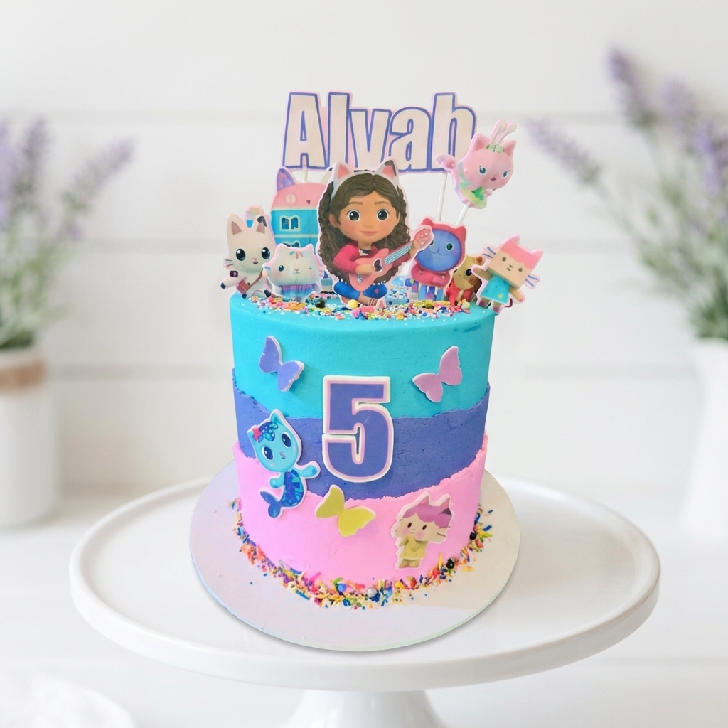 Gabby's Dollhouse themed birthday cake for Alyah's 5th birthday in teal, purple and pink