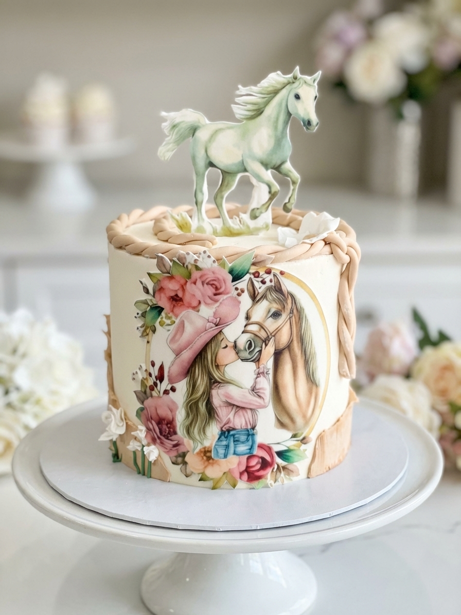 Custom horse and floral themed cake with white horse topper