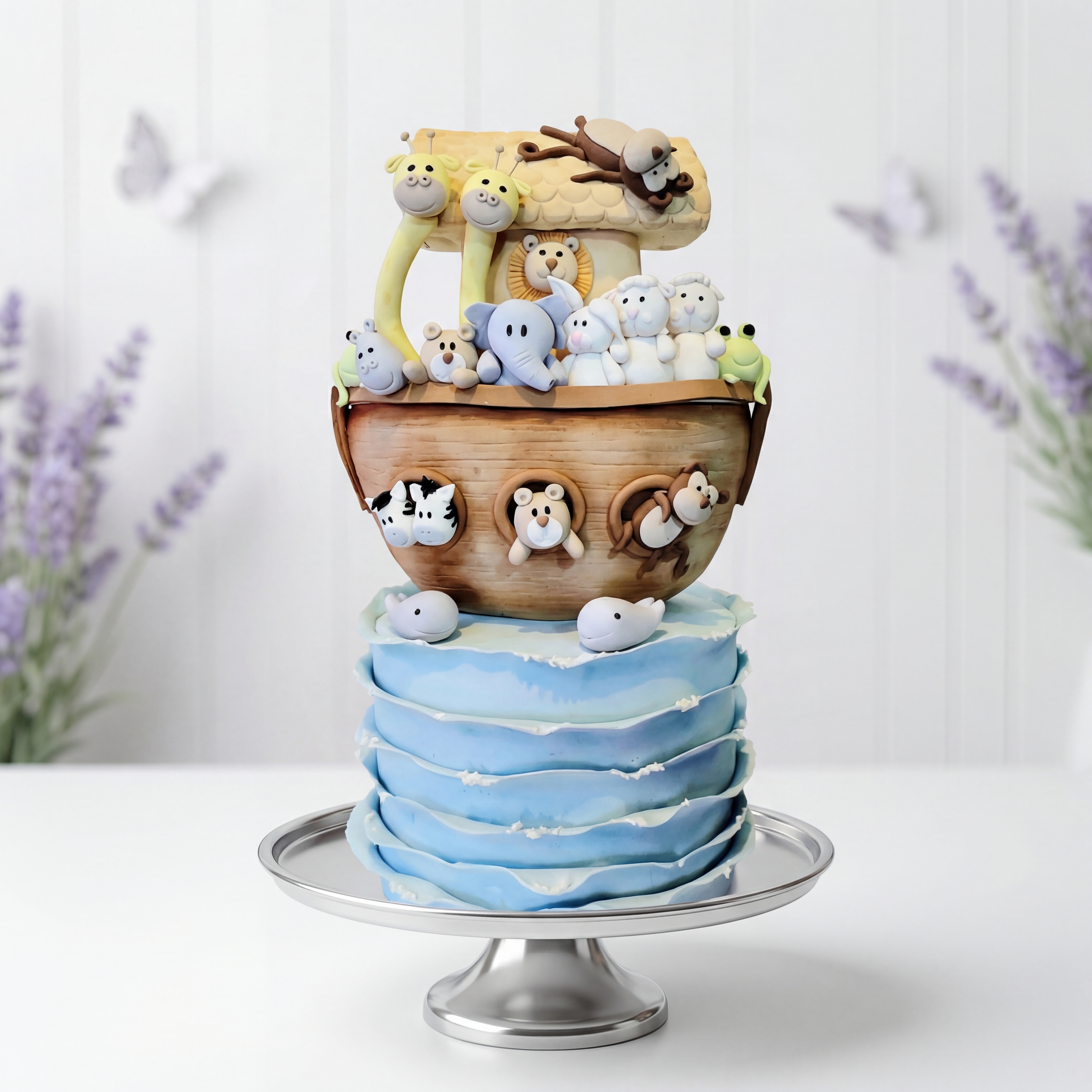 Noah's Ark detailed fondant cake with ocean wave base