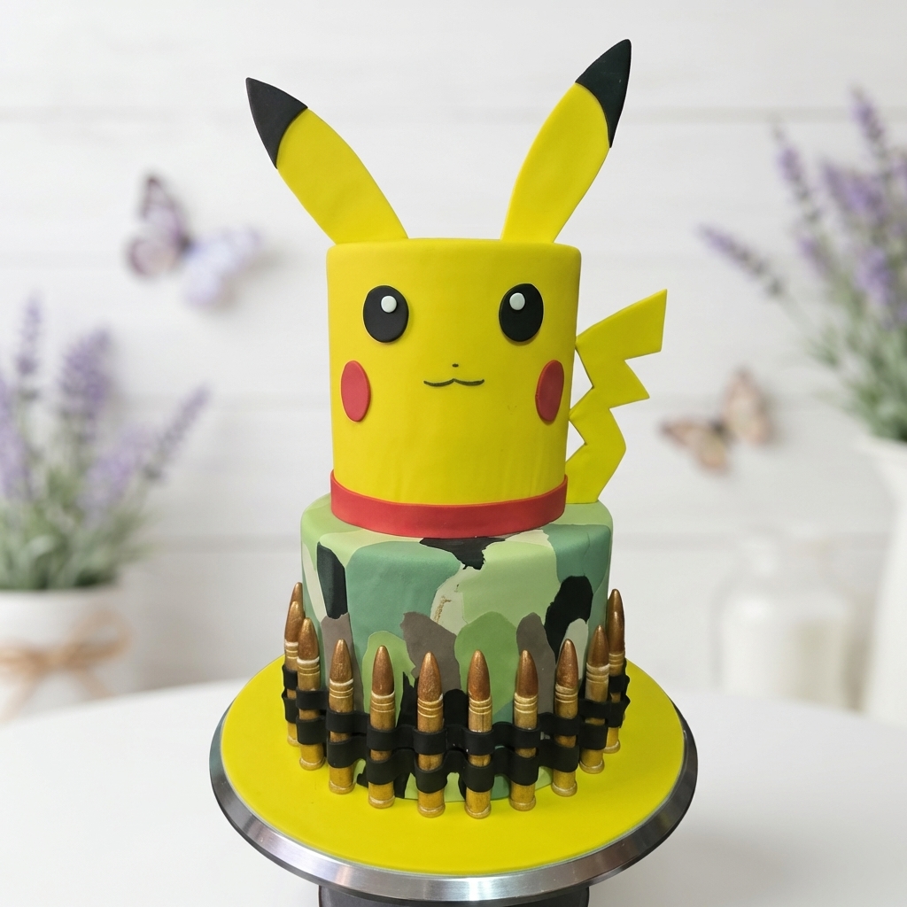 Overhead view of Pikachu character cake showing detail and full design