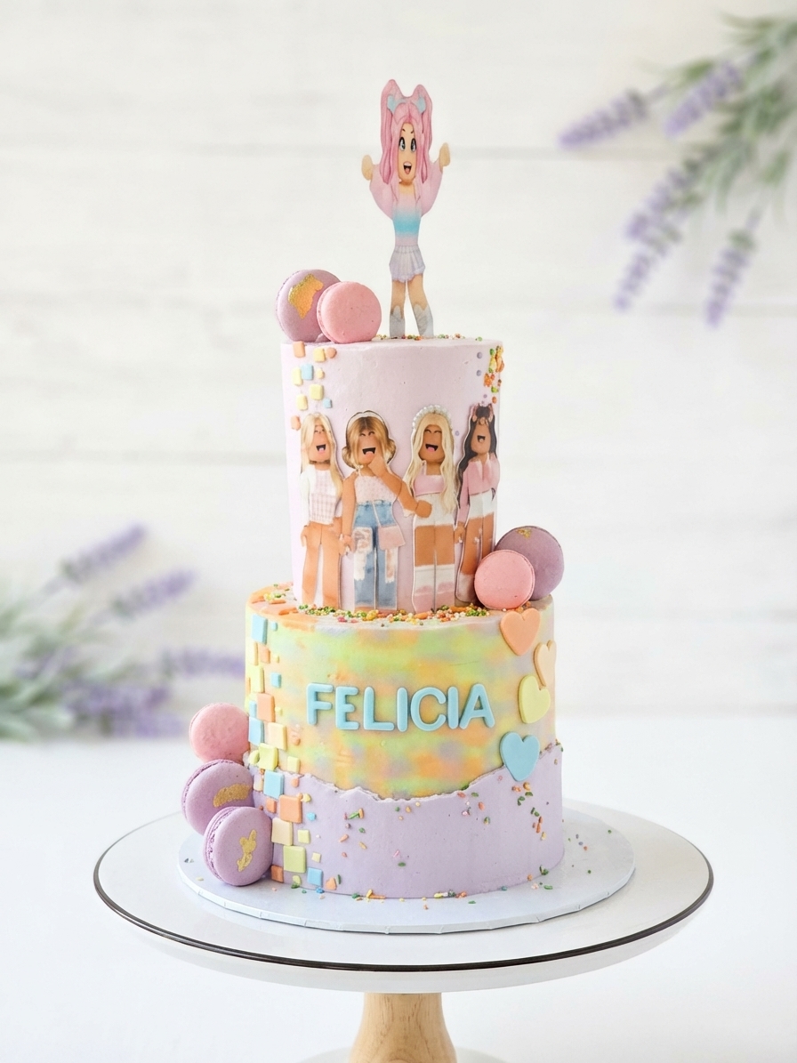 Two-tier Roblox themed birthday cake for Felicia in pastel lavender with macarons and game character topper