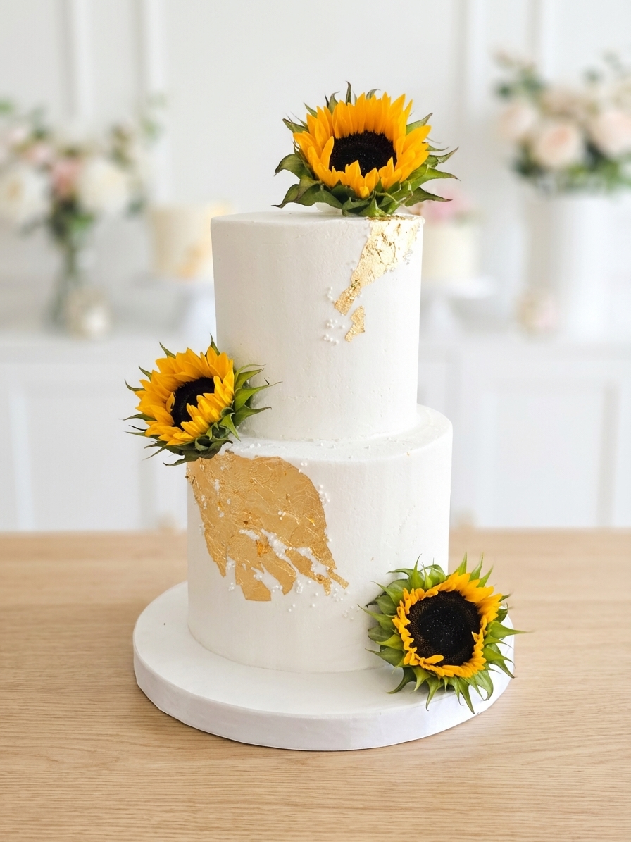 Two-tier white wedding cake with fresh sunflowers and gold leaf detail