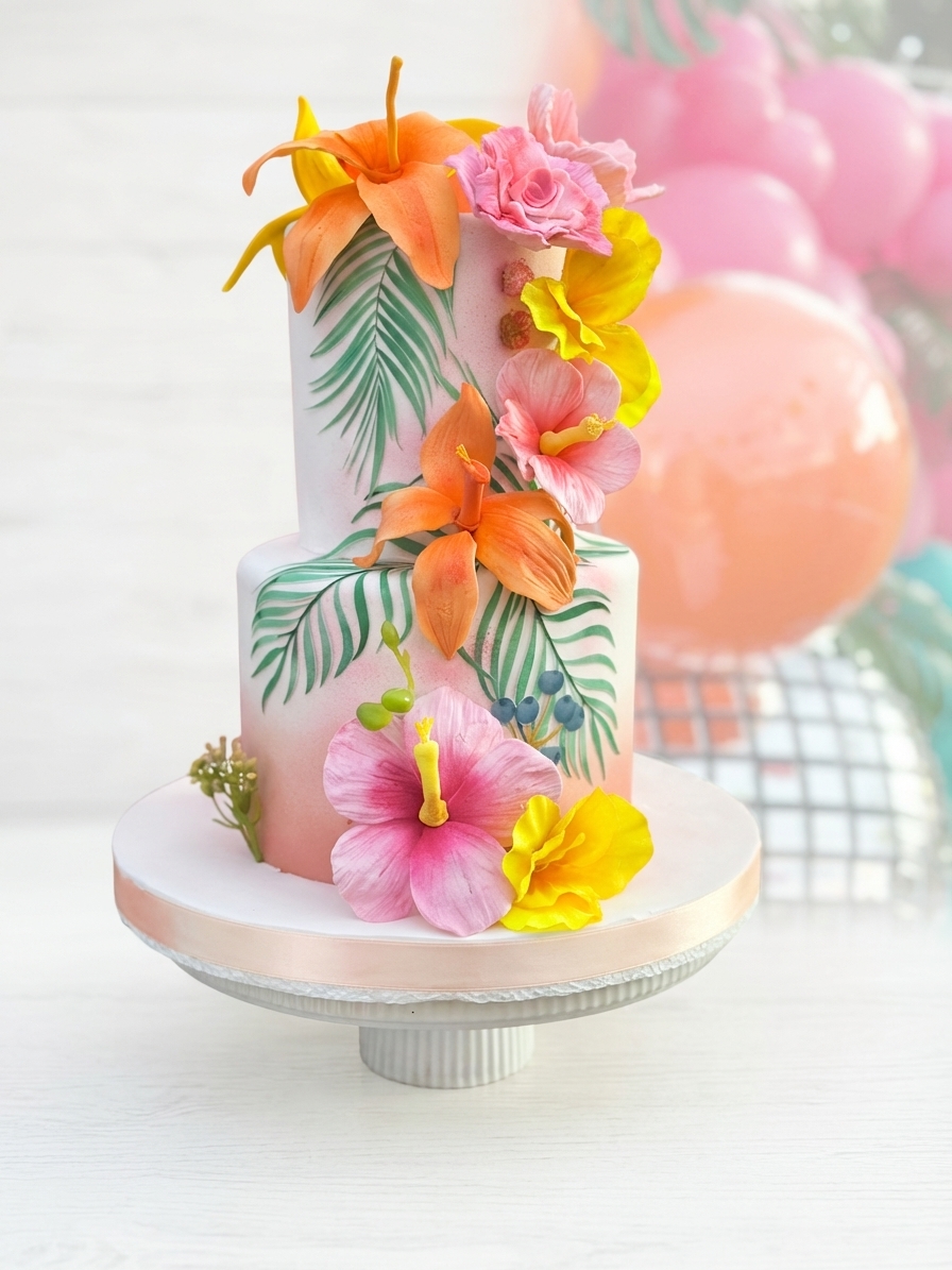 Elegant two-tier birthday cake with hand-crafted tropical flowers including hibiscus, lilies and palm leaves