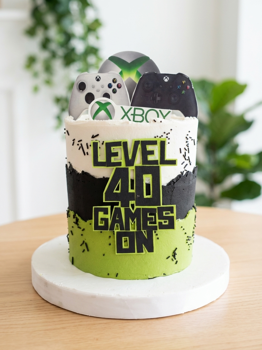 Xbox Level 40 Games On birthday cake in green and black with fondant controller toppers