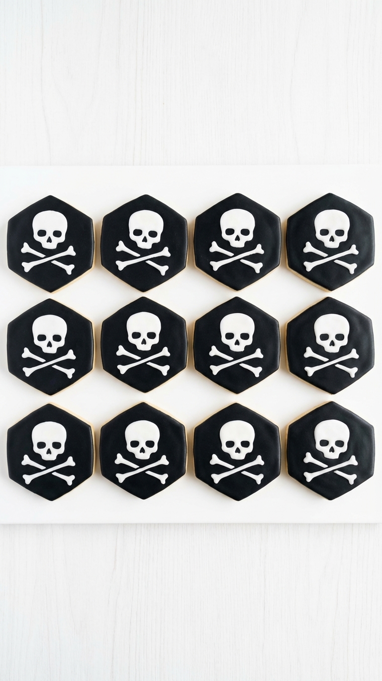 Bold black hexagon royal icing cookies with white skull and crossbones design — 12 piece set