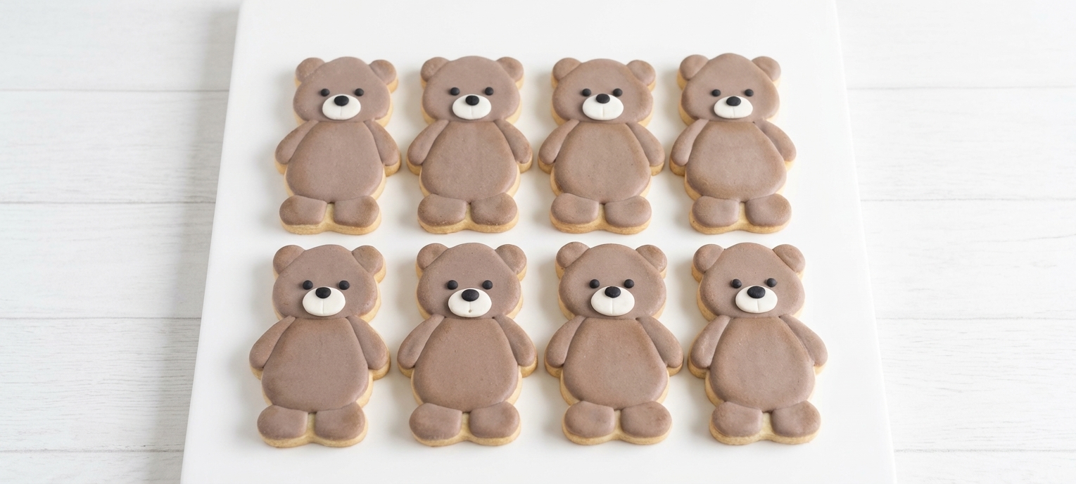 Eight royal icing teddy bear cookies in brown with white belly and nose detail — perfect for baby showers