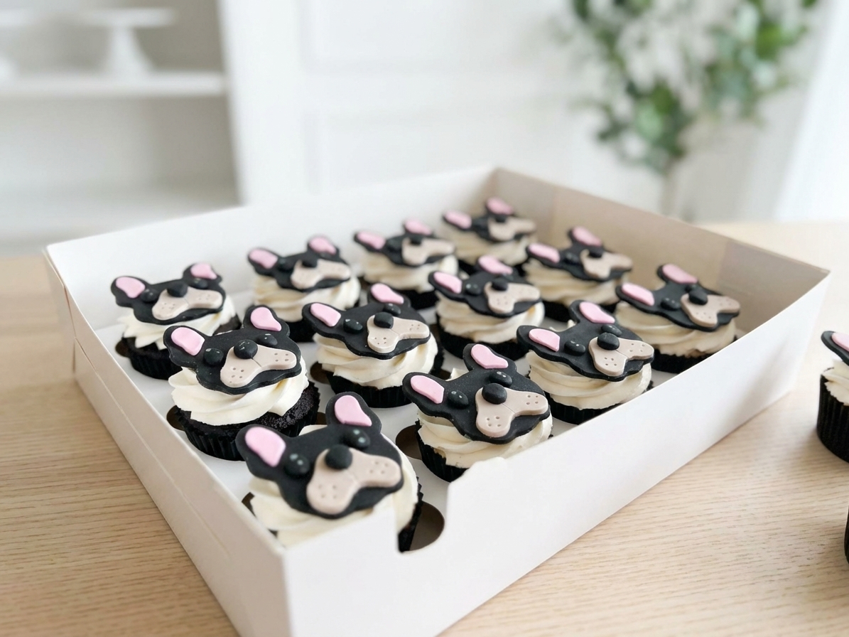 Box of French Bulldog face cupcakes with black and white fondant detail and pink ears