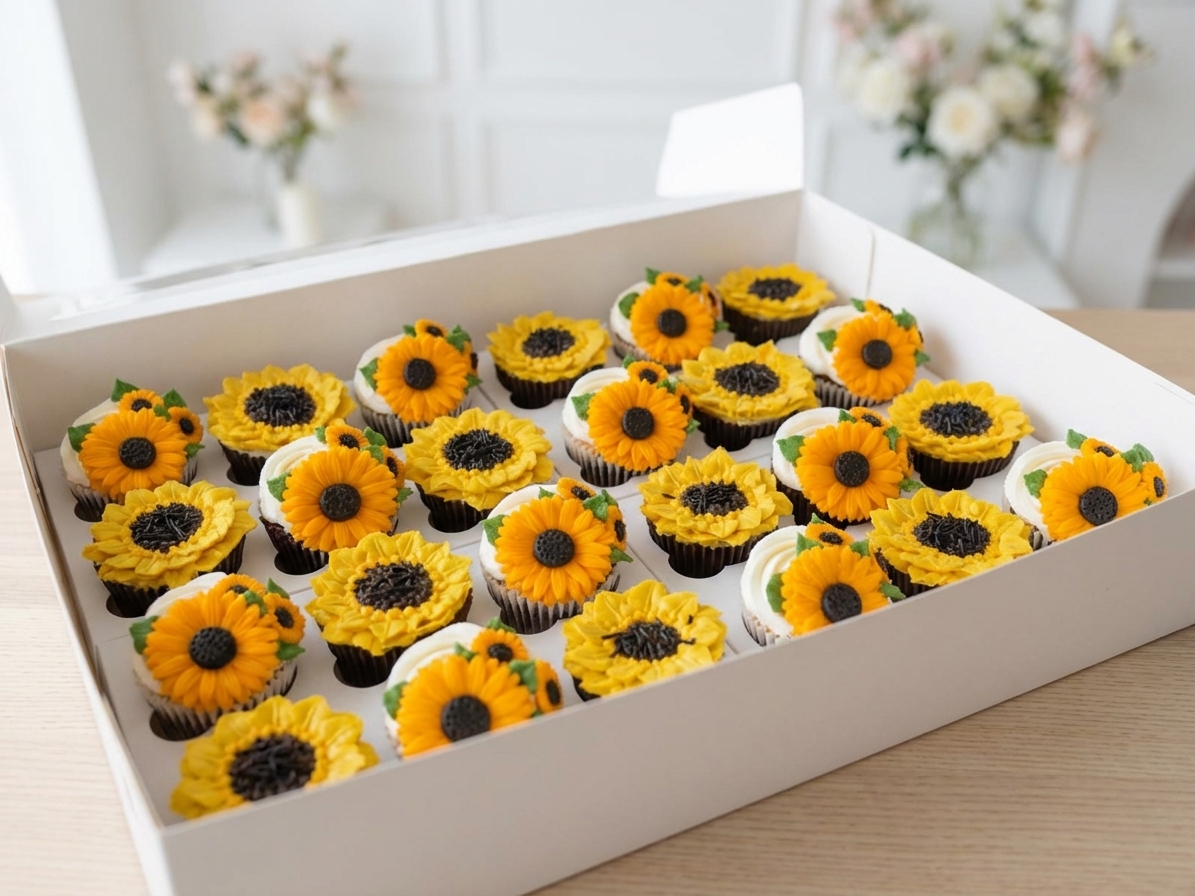 Box of 24 hand-piped sunflower cupcakes