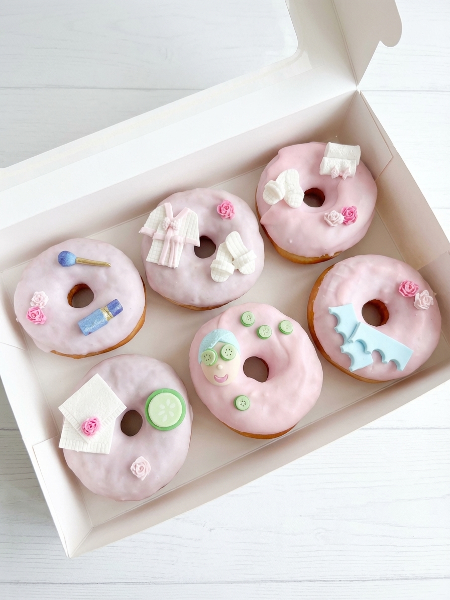 Box of six pink spa and pamper themed decorated donuts with fondant accessories like robes, cucumbers and beauty items