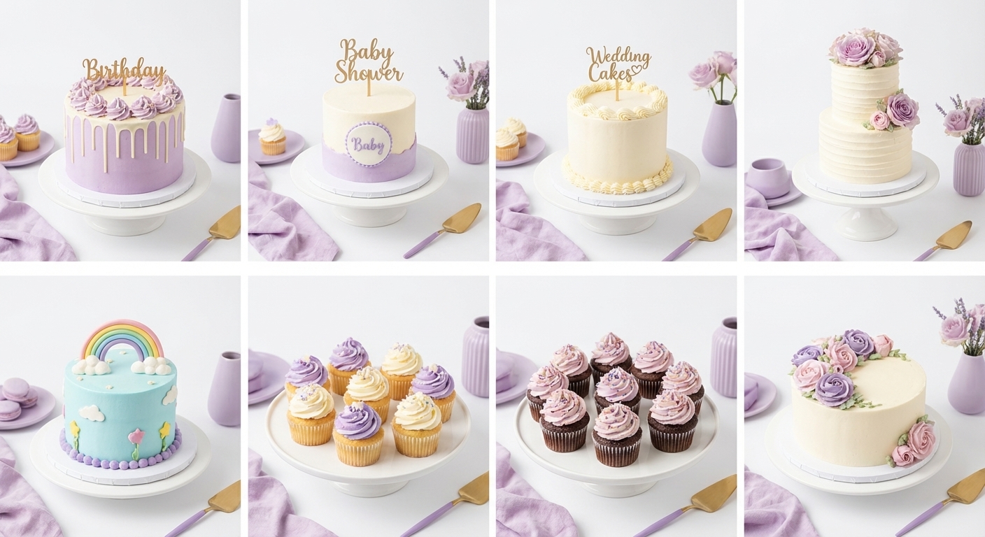 A showcase of handcrafted celebration cakes including birthday, baby shower, wedding, rainbow and themed cakes