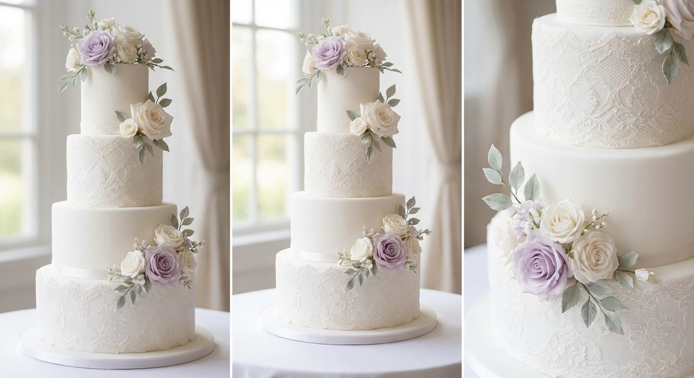 Elegant multi-tier white wedding cake with floral decorations