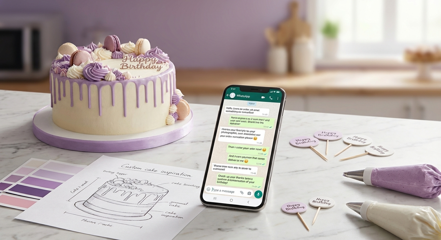 A beautiful purple drip birthday cake next to a phone showing a WhatsApp ordering conversation
